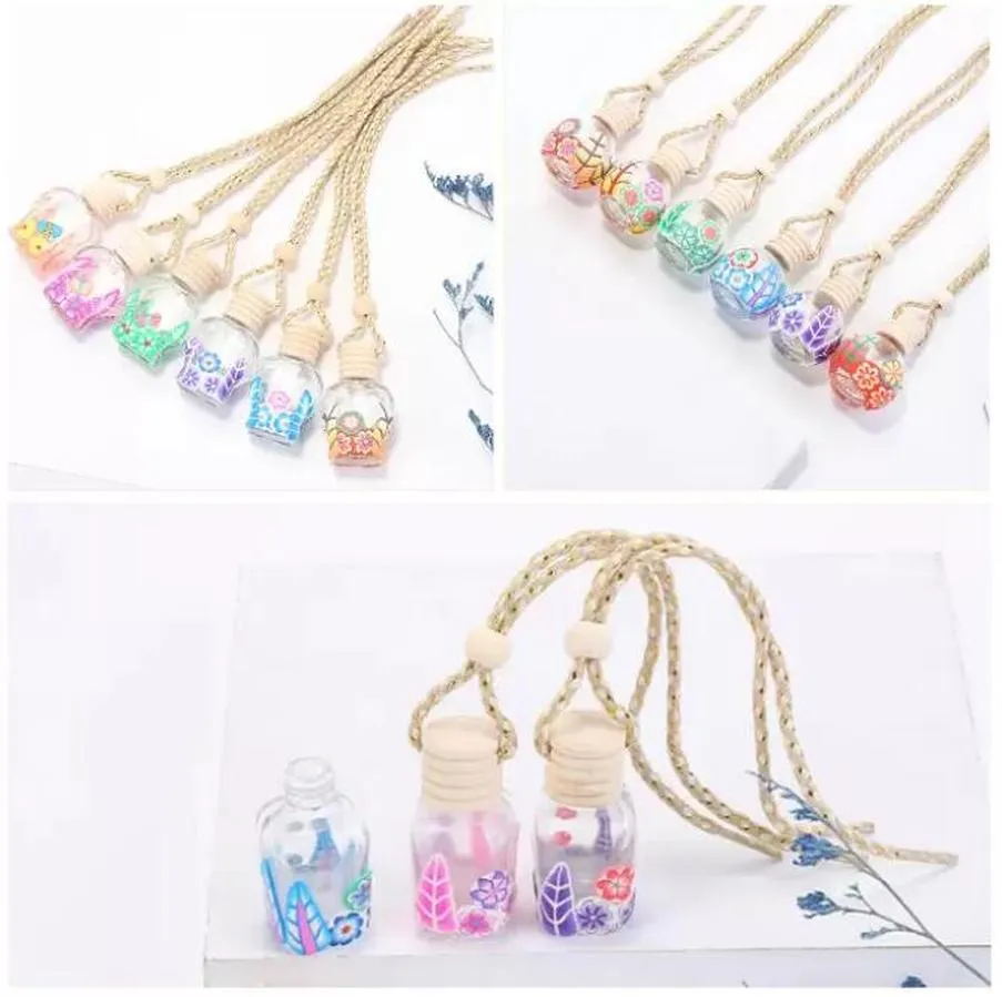 15 Colors Car Perfume Bottle Diffusers Empty Printed Flower Essential Oil Diffuser Ornaments Air Freshener Pendants Perfumes Glass Bottles F0619