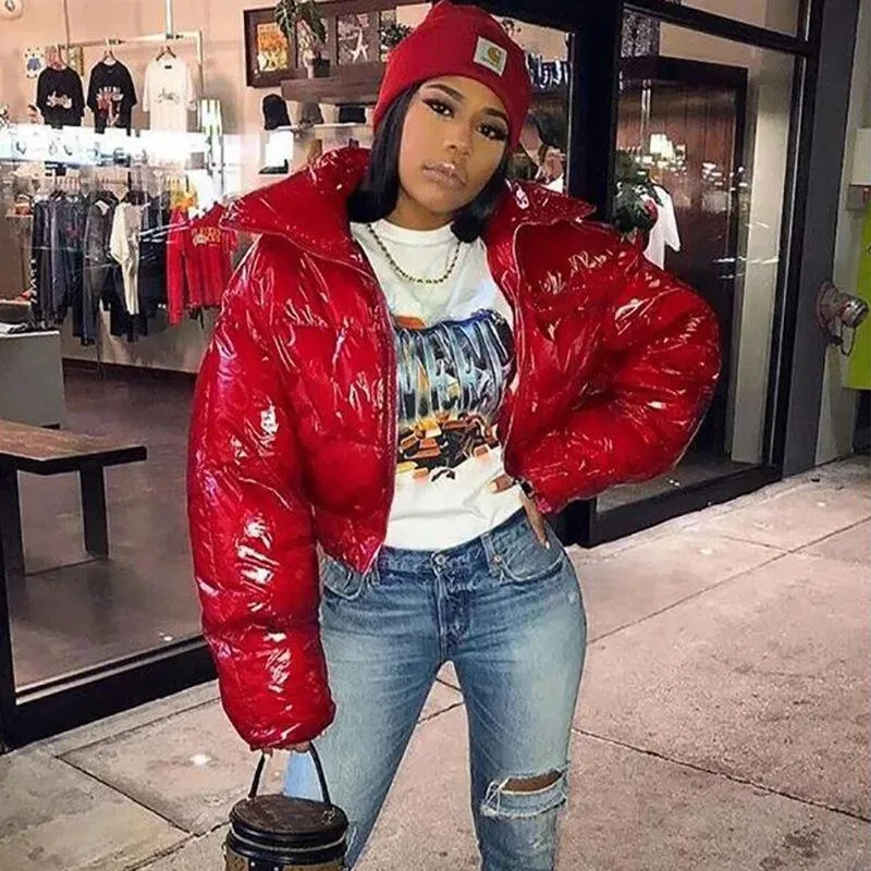 Womens Trench Coats Crop Bubble Puffer Coat Winter Parkas Faux PU