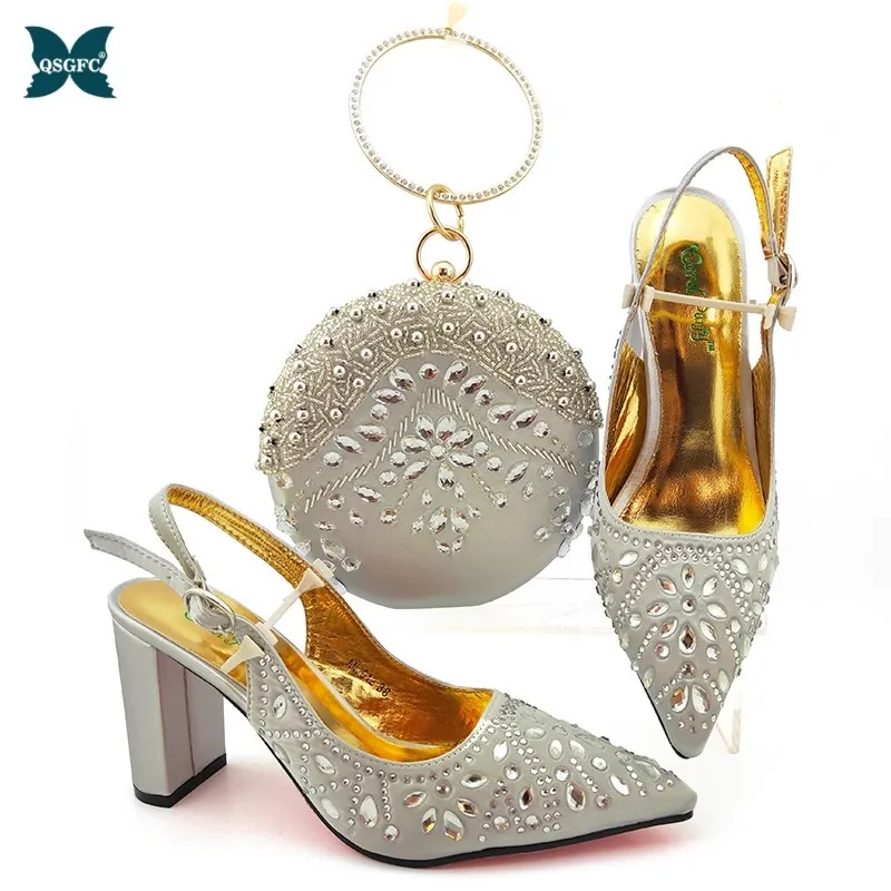 New Arrival Winter Silver Color Italian design Women Shoes and Bag Set African Matching Shoes and Bag for Royal Party 210306