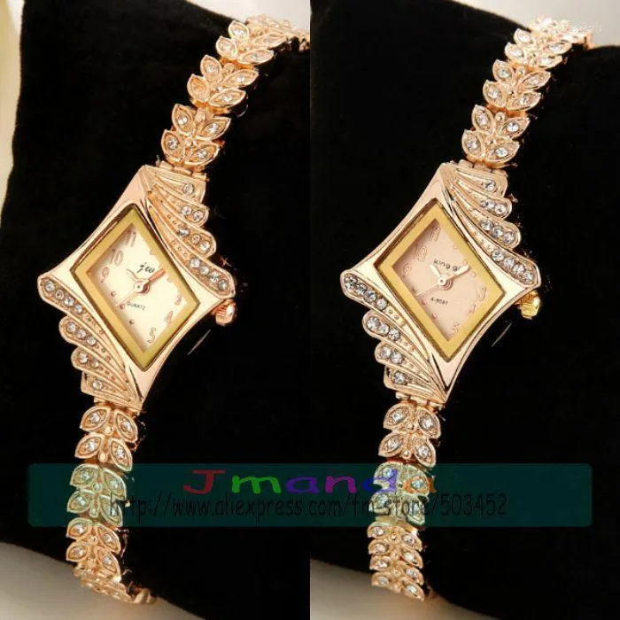 Montres-bracelets 100pcs / lot King Girl-9097 Montre en alliage de cristal complet Mode Dames JW Marque Quartz Robe Wrap Casual Femmes Or Rose