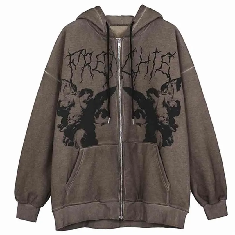 Hip Hop Streetwear Hoodie Angel Print Jacket Harajuku algodão Han Sweatshirt de zíper de grandes dimensões Y2K Roupas 210924