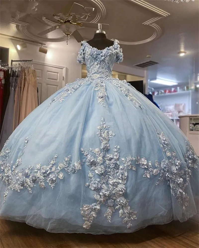 Sexy charmant bébé bleu quinceanera robes sur épaule appliques en dentelle perles cristales 3d fleurs de fleurs de fleurs