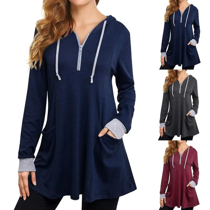 Kvinnors hoodies tröjor elegant tröja höst kvinnor avslappnad långärmad tunika hoodie zip pocket pullover klänning slitage