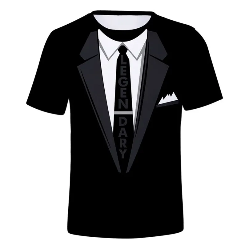Camisa de verão de manga curta streetwear terno falso colete 3D moda engraçado terno falso smoking gravata borboleta 3D impresso camisetas masculinas 220407