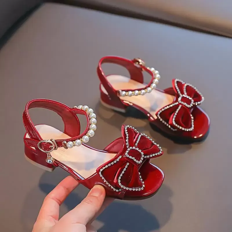Sandals Summer Pearl Rhinestone Bow Fashion Princess Shoes 2022 Girls Non-slip Kids Black Red Size 25-36