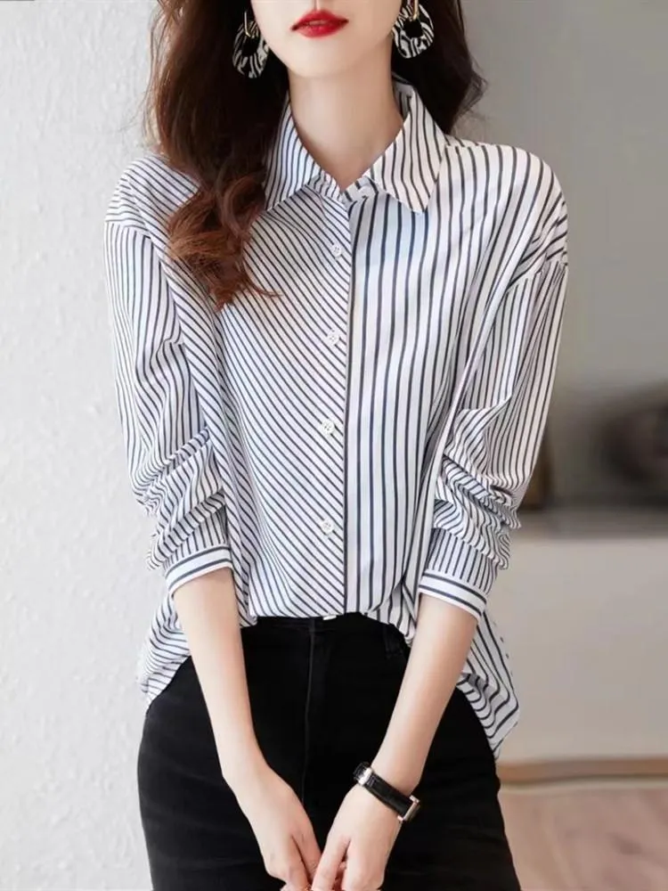 Women's Blouses & Shirts Blue White Vertical Striped Women Casual 2022 Feminine Clothes For Spring Long Sleeve Turn Collar Ladies TopsWomen'