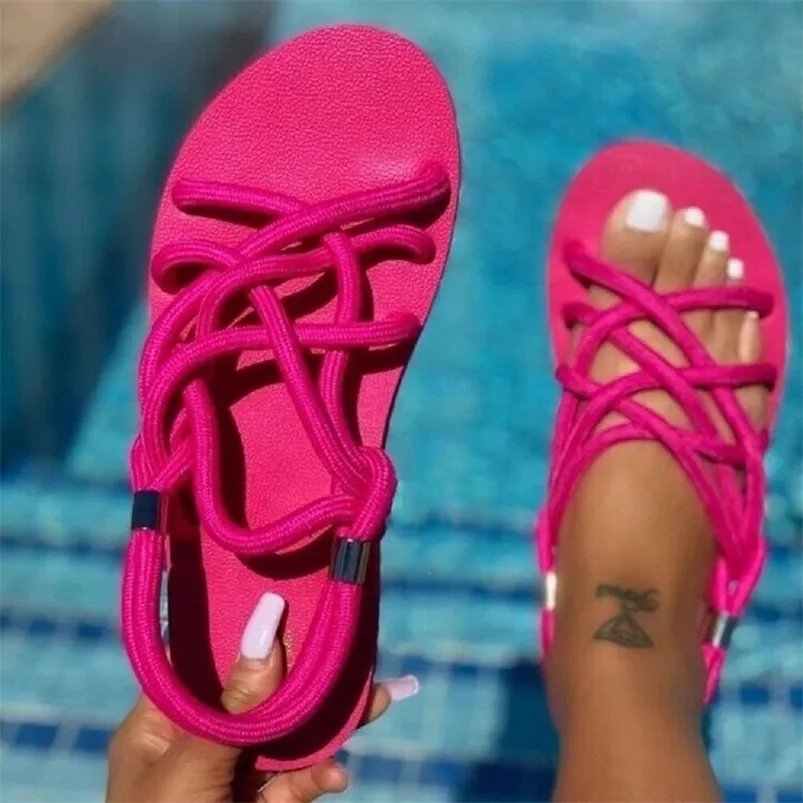Duże rozmiary kobiety letnie płaskie damskie buty konopiowe Zestaw linii stóp Sandały plażowe na zewnątrz Allmatch Casualne kapcie 220701