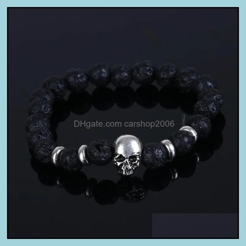 Fashion Natural Stones Skull Bracelet For Women Lava Stone Beads And Tiger Eye Stone Beads Men Bracelet
