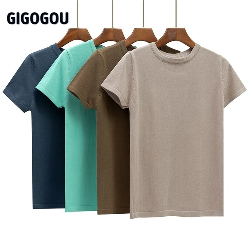 Gigogou grundläggande bomull sommar t-shirt kvinnor stickade korta ärmar tee hög elasticitet andas ocke kvinnlig topp t-shirt 220325