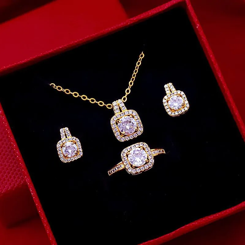 Earrings & Necklace Luxury Female White Crystal Jewelry Set Charm Gold Color Stud Earring For Women Dainty Square Zircon Wedding Ring Chain