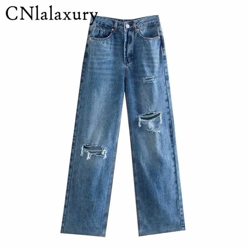 Cnlalaxury kvinnor chic mode rippade hål breda ben jeans vintage hög midja blixtlås med kvinnliga denim byxor byxor mujer 220722