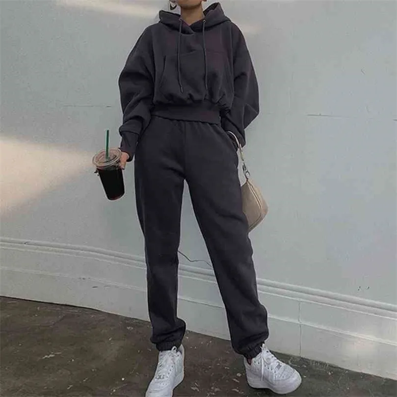 Hoodies Suit Winter Spring Solid Casual Tracksuit Women Velvet 2 Pieces Set Sports Sweatshirts Pullover Home Sweatpants Outfits 210331