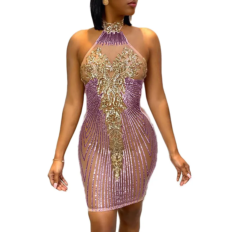 Sexy Sequined Halter Neck See Through Mini Dress Women Spring Backless Bodycon Party Birthday Outfits