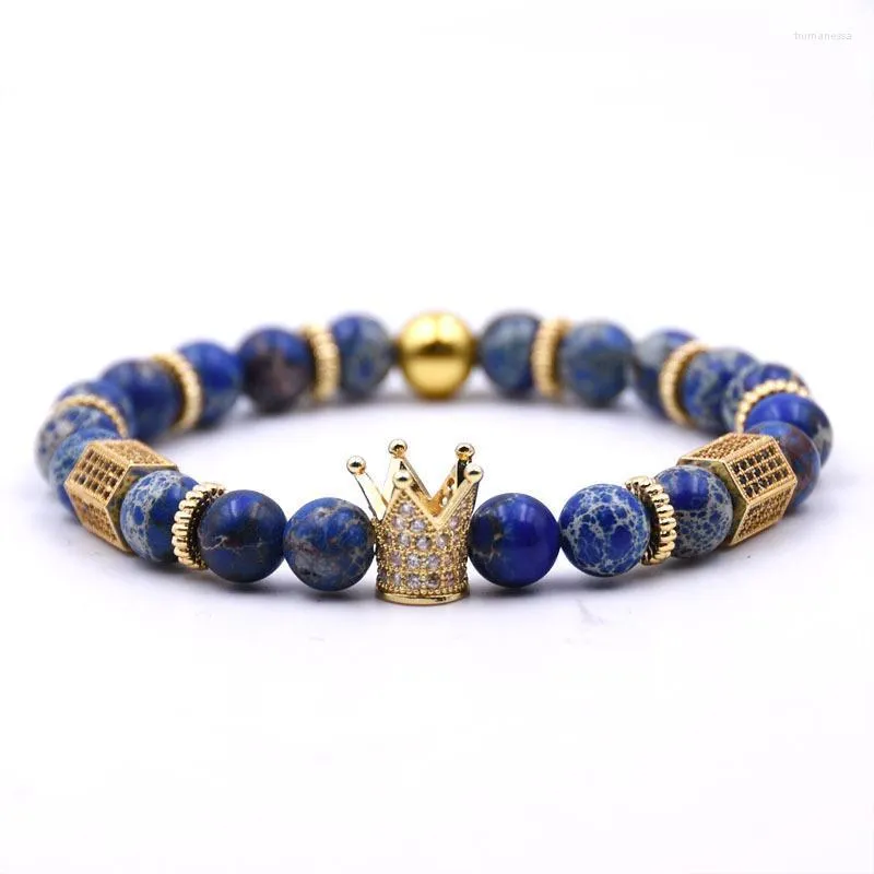 Brins de perles Micro pavé noir CZ zircone or roi couronne bracelet à breloques hommes vernis mat pierre mate perle Erkek Bileklik Trum22