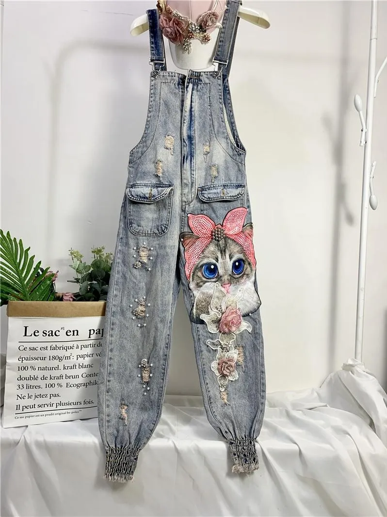 Tute da donna Pagliaccetti Donna Stampa Cartoon Denim Tuta Tuta Foro Allentato Perline Jean Pantaloni Donna Taglie forti Pantaloni lunghi casual