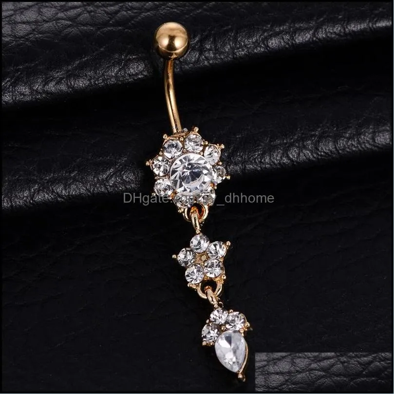 Sexy Dangle Belly Bars Belly Button Rings, Auniquestyle Belly Piercing CZ Crystal Flower Body Jewelry Navel Piercing Rings 265 Q2