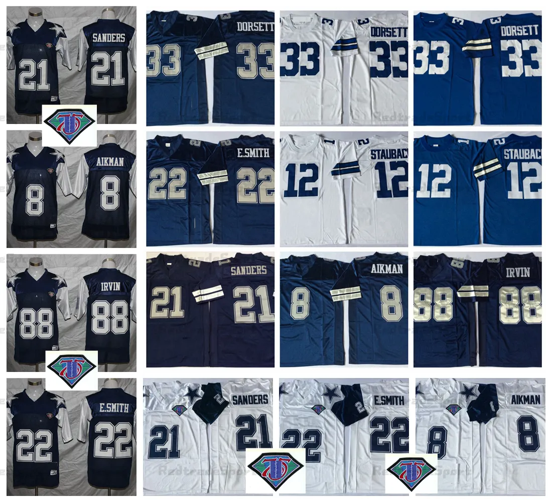 빈티지 75th 8 Troy Aikman 21 Deion Sanders 축구 유니폼 12 Roger Staubach 22 Emmitt Smith 33 Tony Dorsett 88 Michael Irvin 추수 감사절 블루 스티치 저지 Mens