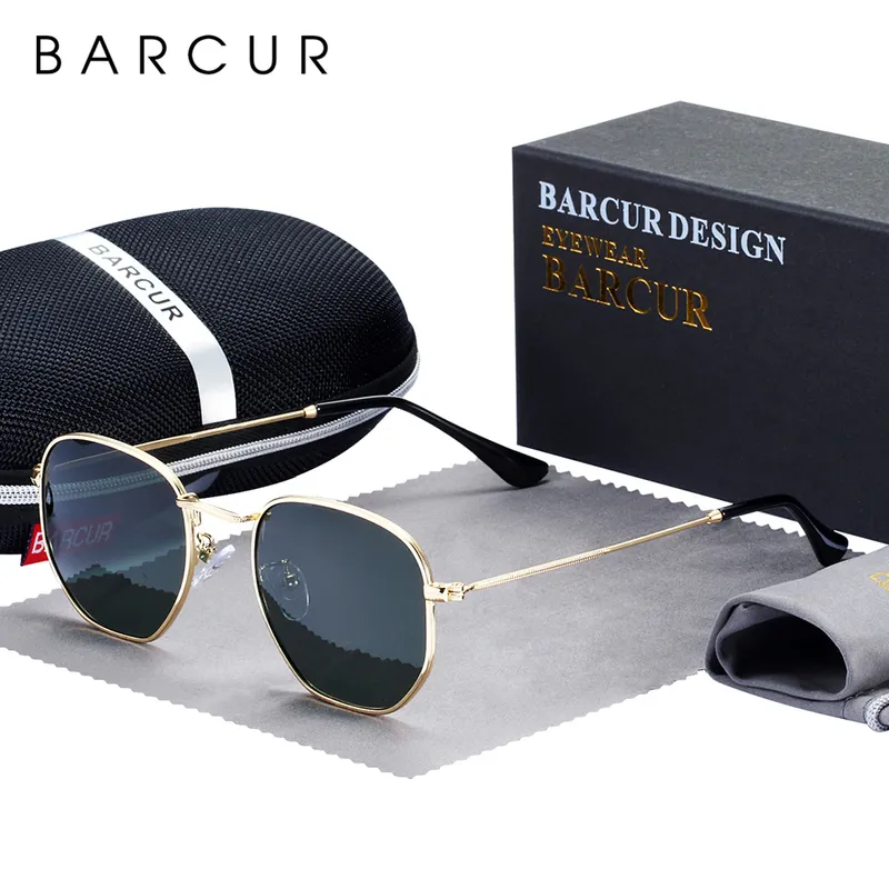 Barcur Classic Retro Reflective Sunglasses Man Hexagon Metal Frame Eyewear Sun Glazen met doos DS Gafas 220513