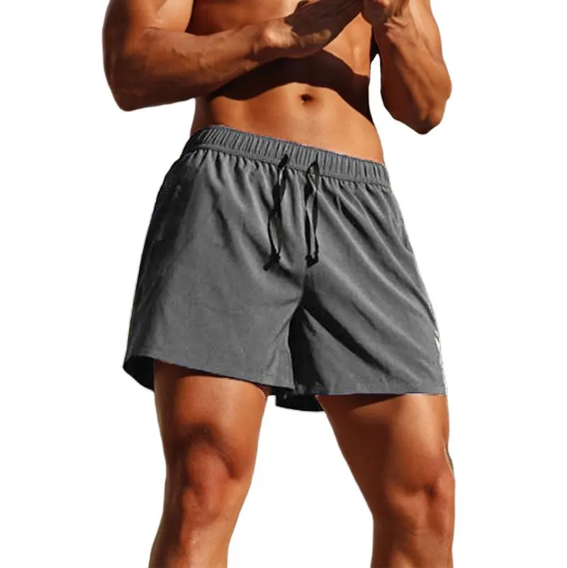 Gym Clothing Men's Summer Fitness Shorts Solid Color Elastic Drawstring Waist Side Pockets Training Quarter PantsGym