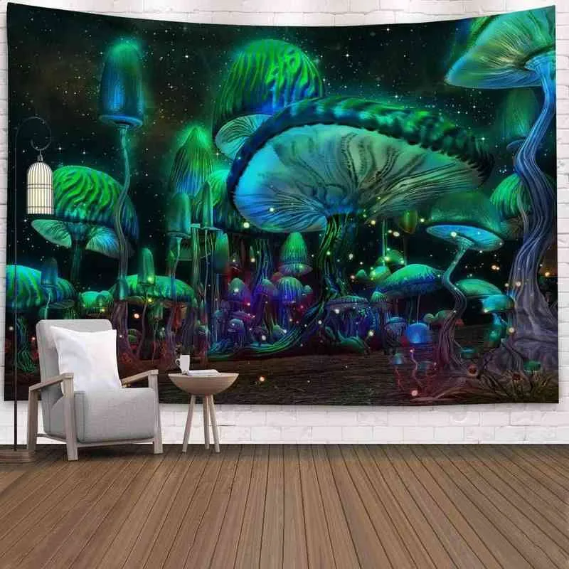 蛍光マッシュルーム城壁吊り敷物ネイチャーアート星空銀河サイケデリックカーペット魔法の森の木J220804