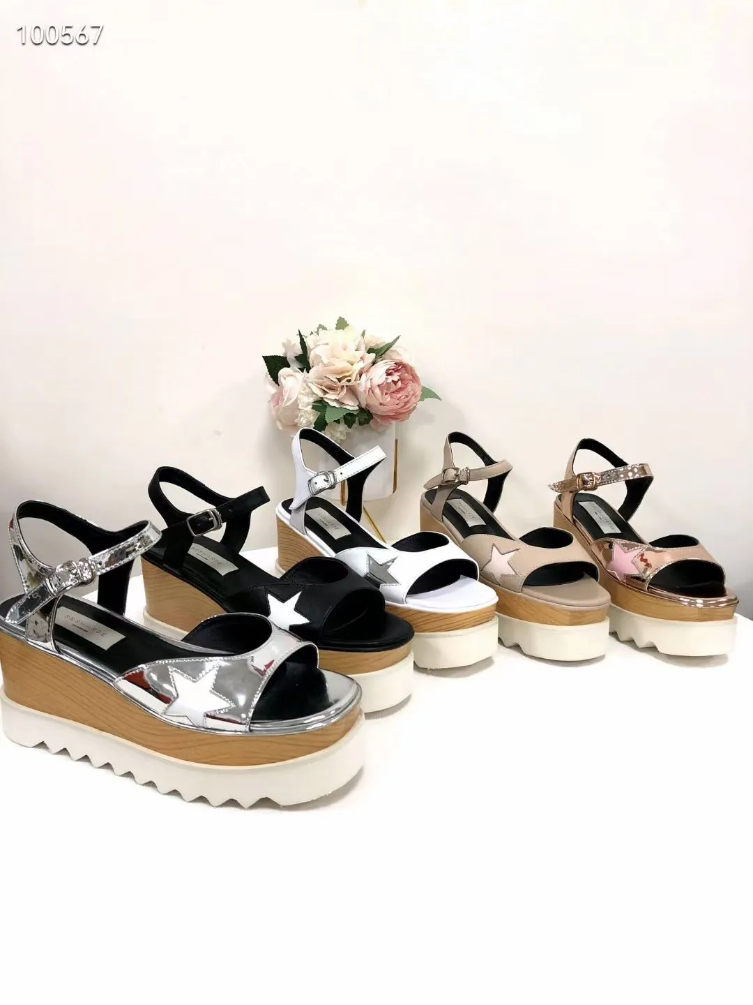 Stella McCartney Kvinnor Sommar Sandaler Star Design Äkta Läder Casual Shoes Wedge Platform