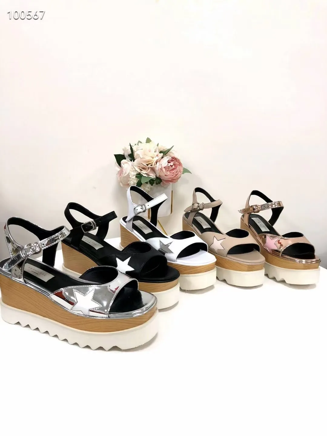 Stella McCartney Women Summer Sandalsスターデザイン純正レザーカジュアルシューズウェッジプラットフォーム