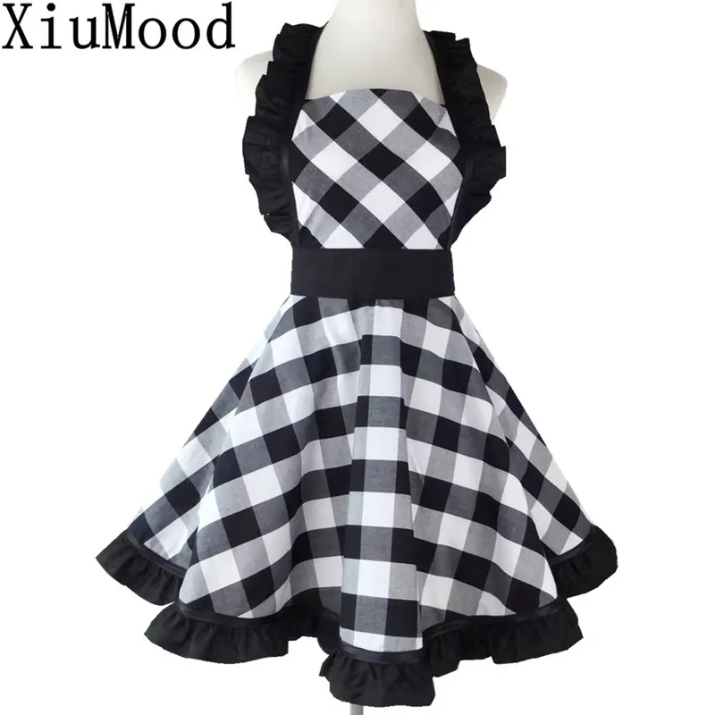 XiuMood Woman's Apron For Home Kitchen Cooking Dining Accessory Black And White Plaid Retro Full Aprons Bib 220507