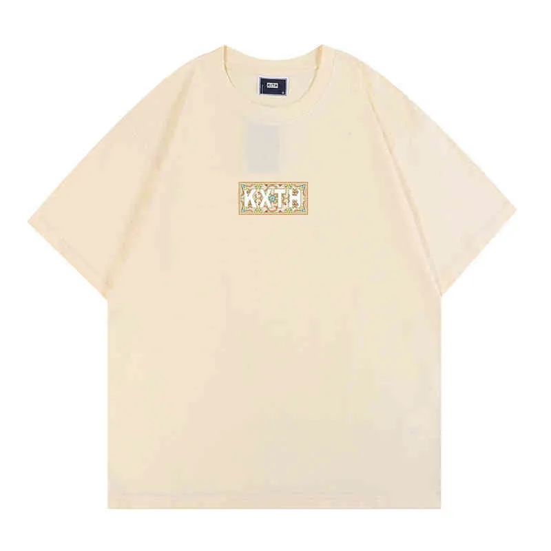 22SS High Street Ins Brand Kith 남자 티셔츠 클래식 편지 인쇄 티 맨과 여자 느슨한 부부 티셔츠 라운드 목 짧은 슬리브 Q6