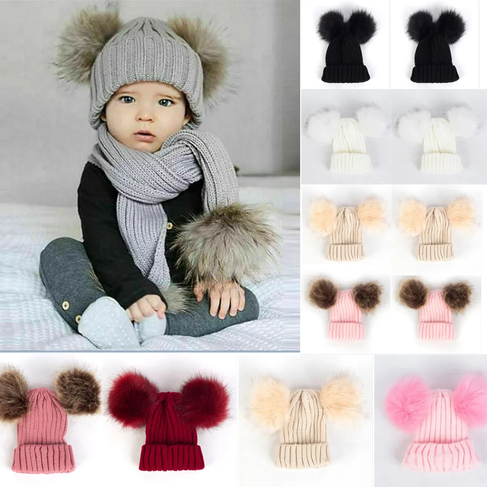 Baby Caps Jongens Hoeden Accessoires Peuter Kinderen Meisje Jongen Baby Baby Winter Warm Gehaakte Gebreide Muts Bontballen Beanie Cap GC1007