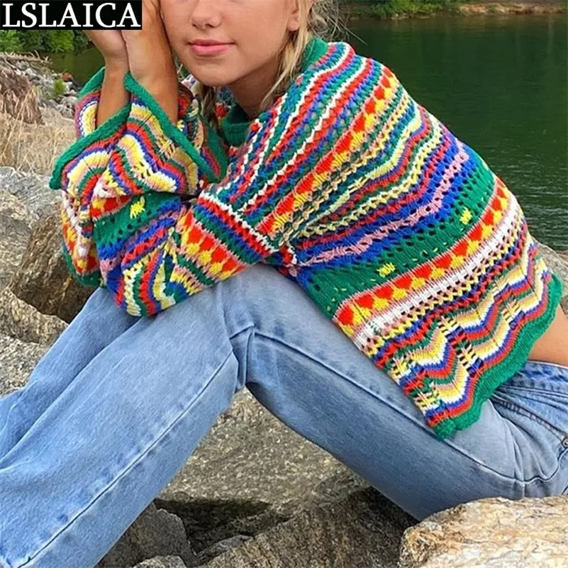 SWEATER Kobiety Kolorowe paski z długim rękawem zszywanie na szyję swobodne swetry dla dzianinowej mody jesienne zima luźna 220810