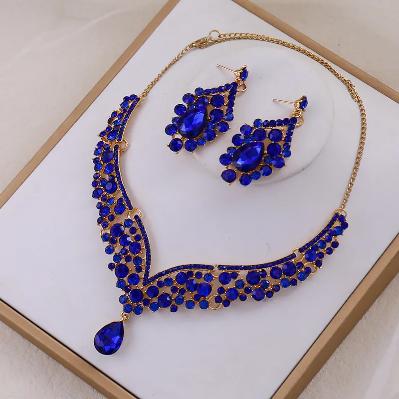 Royal Blue Jewelry for Wedding Emerald Necklace and Earrings Set Pageant Quince Quinceanera Sweet 15 16 Girls Bridal Victorian Teardrop Diamond Crystal Party Red