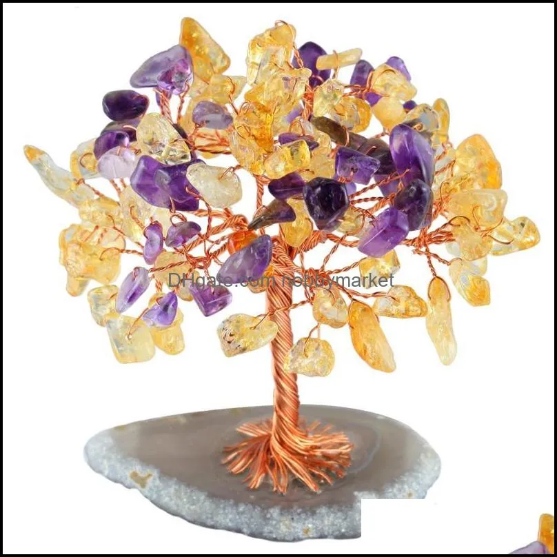 TUMBEELLUWA Healing Crystal Money Tree with Agate Slices Base Bonsai Home Office Decoration for Wealth and Luck