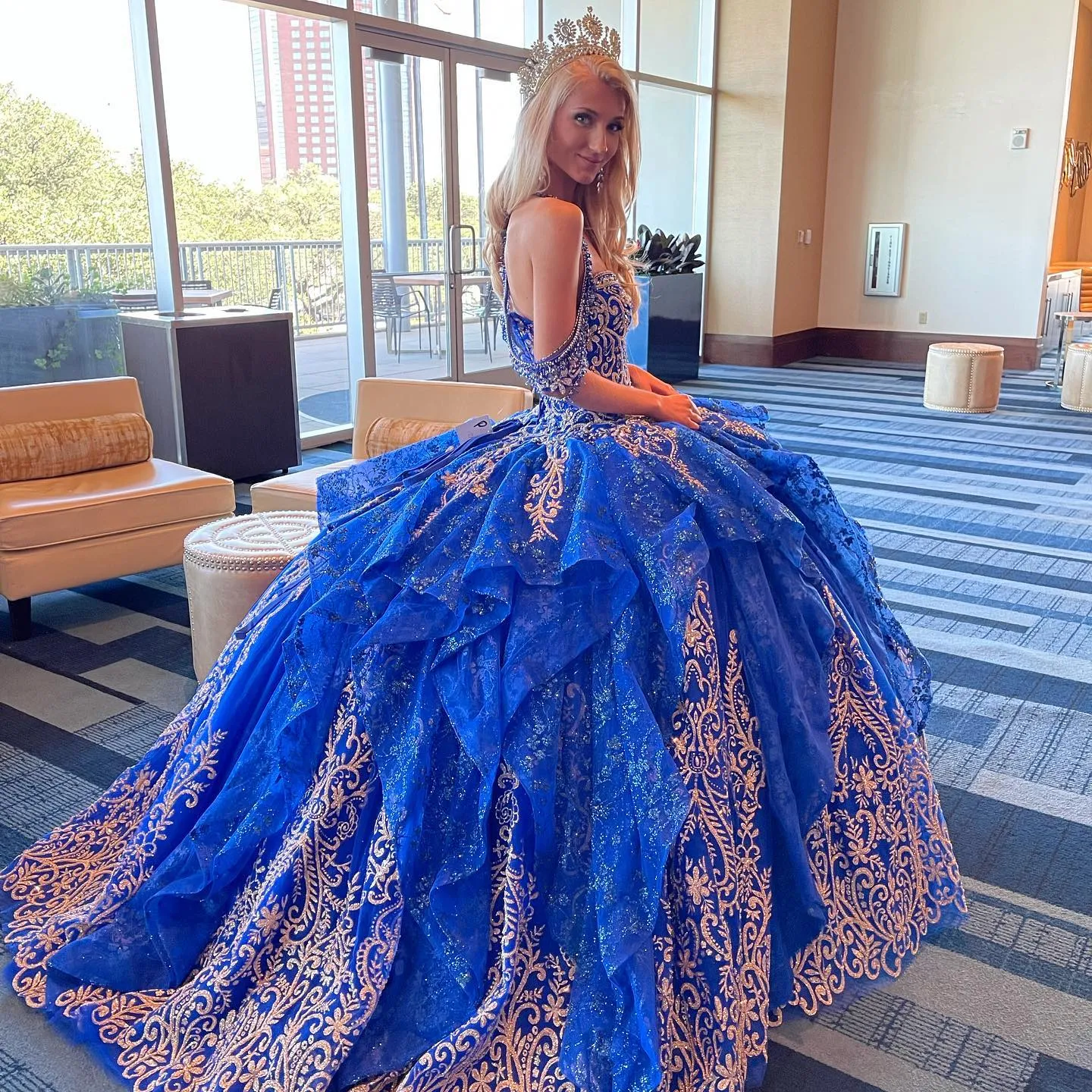 blue and gold quinceanera dresses