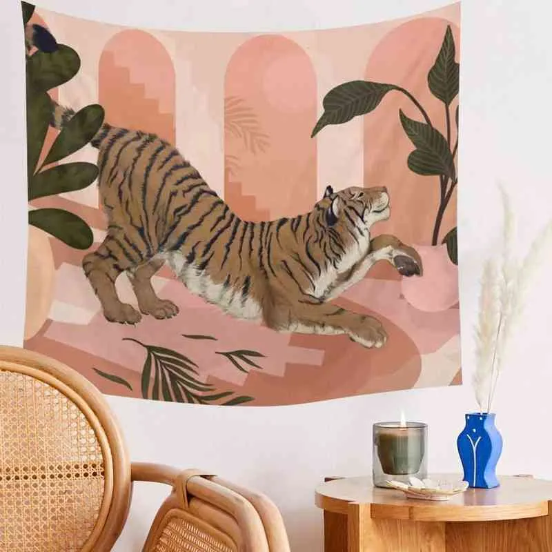 Pink Tiger Tapestry Ainmal Plant Cartoon Dormitory In Painted Carpet Wall Hanging Boho Decor tyg Jungle J220804
