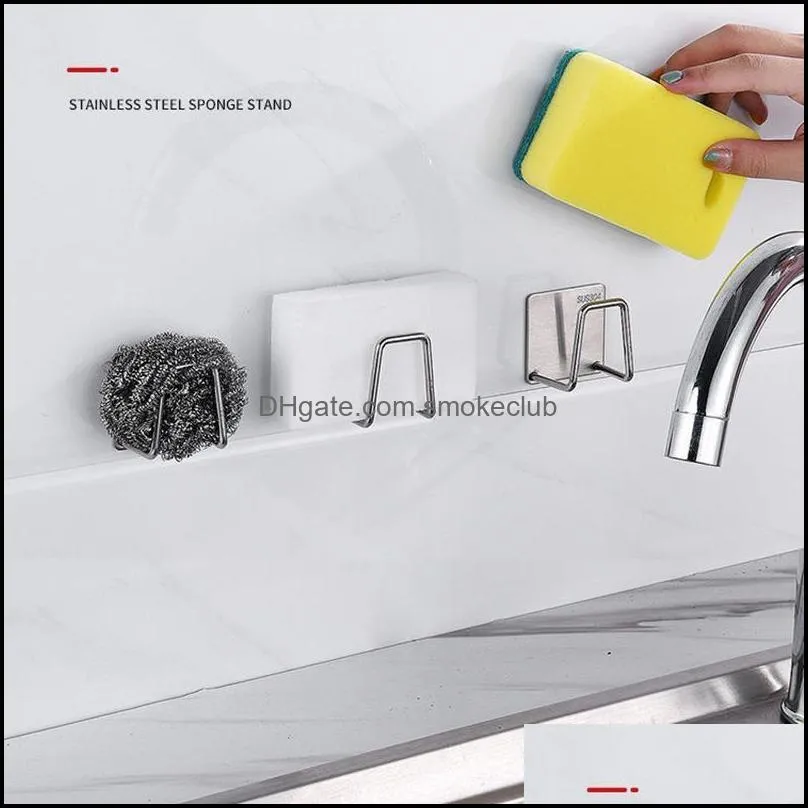 Sink Rack Free Punching Sponge Stainless Steel Self-adhesive Drainage Dry Cloth Storage Kitchen Wall Hook Accessories Storage Racks