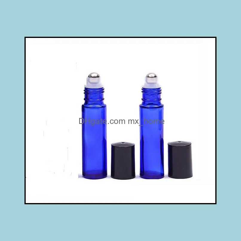 free shipping 10ml glass roll on blue bottles high quality mini 10 ml essential oil bottles with glass or metal roller 600pcs/lot