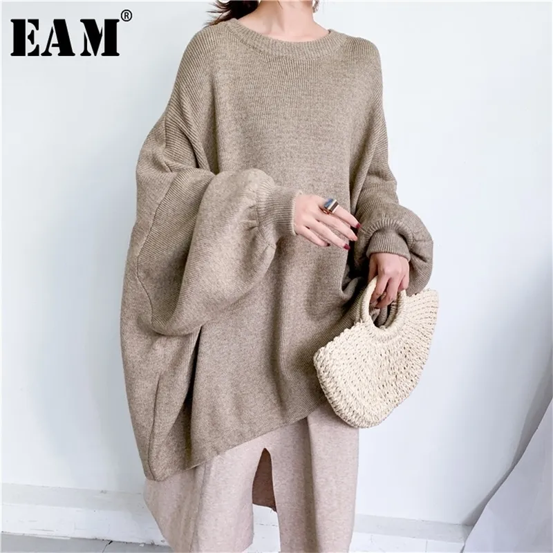 EAM Oversize Grigio Maglione lavorato a maglia Loose Fit Girocollo Manica lunga Donna Pullover Moda Autunno Inverno 1Y190 201221