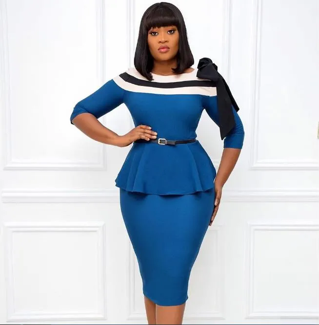 Élégant Peplum taille soirée soirée à manches longues bureau grande taille robes robe pour les femmes