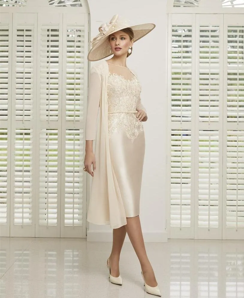 Short Sleeve Knee Length Wedding outfits for mothers with Appliqued Beading and Sash - Perfect for Wedding Guests