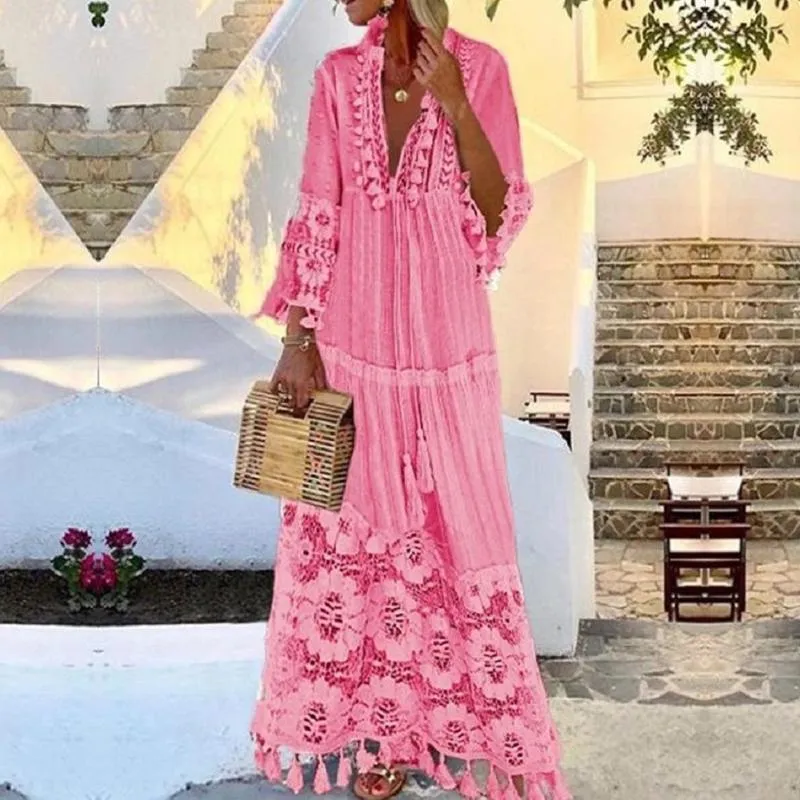 Casual Dresses Tassel Sexig Boho Long Dress Women Fall Solid Hollow Out V-hals Lace Bohemian Style Plus Size Vestidos288L