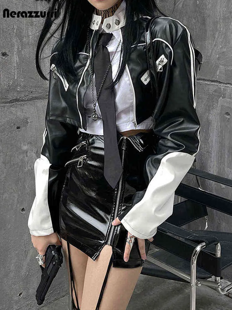 Nerazzurri Two Piece Set Womens Outfits Summer Shine Patent Leather Mini kjol Come Adults Womens Pu Leather Croped Top L220728