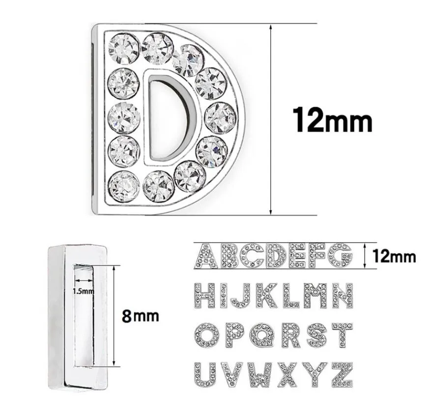 1300pc / partij 8mm Bling Slide Letter A-Z Silver Color DIY Charms Volledige Rhinestones English Alphabet Fit voor 8mm Lederen Polsband Sleutelhangers