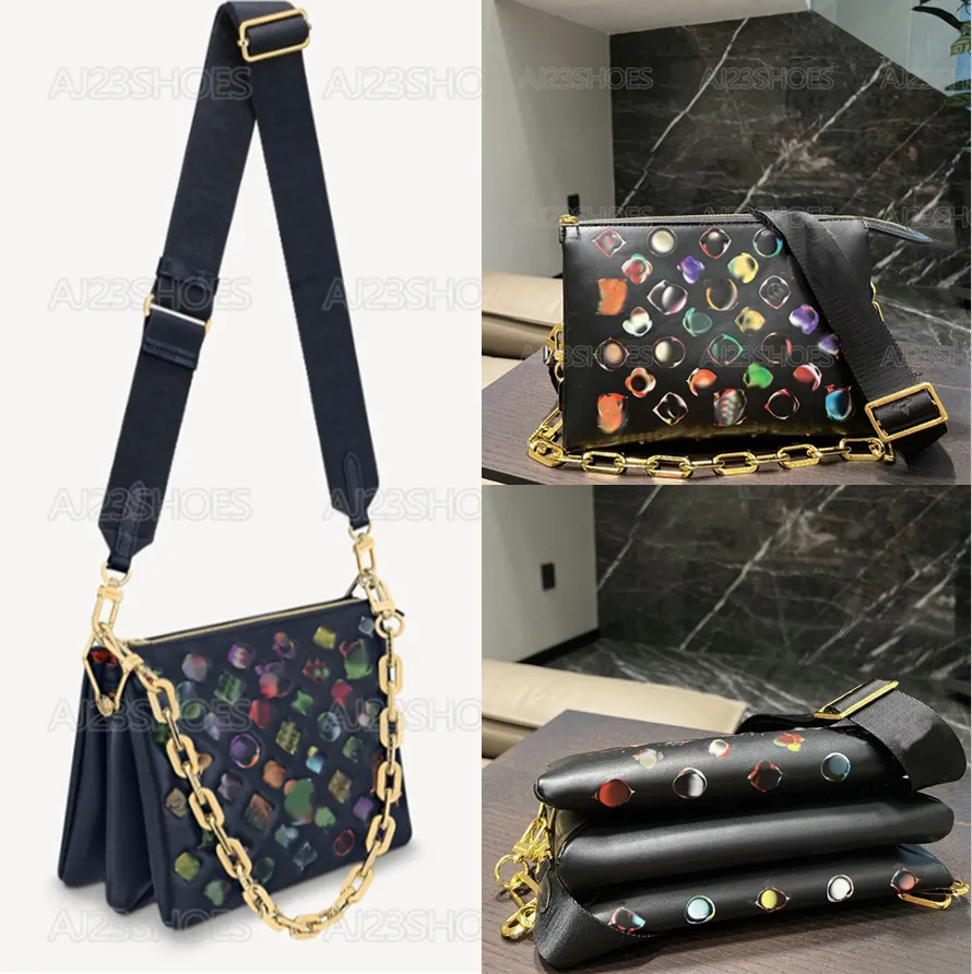 COUSSIN PM Puffy Shoulder Bags M21353 Navy Blue Textile strap Chain CrossBody Bag Embossed Monograms Women Designer Handbag Discreet Floral Pattern