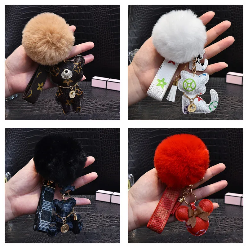 Cute Pompom Keychains Fashion Cat Teddy Bear Designer Key Chain Ring Gifts Women PU Leather Car Buckles Bag Charm Accessories Men Animal Keyring Holder