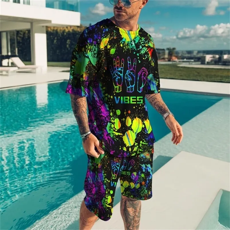 Мужские спортивные костюмы Set Set Men's Clothing 2 PCS Set Splatter красочные краски пятна 3D Print Casual Set Setts To Otbits T Roomhorts Male 220826