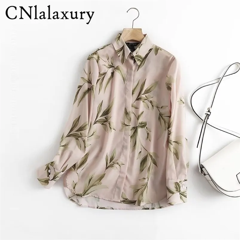 CNlalaxury Spring Autumn Fashion Long Sleeve Leaves Print Shirt Women Linen Cotton Simple Blouse Female Casual Tops 220726