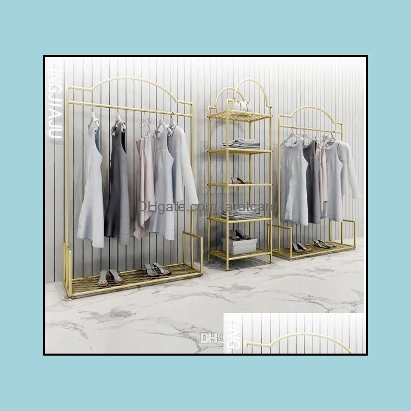 Clothing store display rack nano gold shelf light luxury women`s clothing store clothes rack side hanging shelf floor type combination