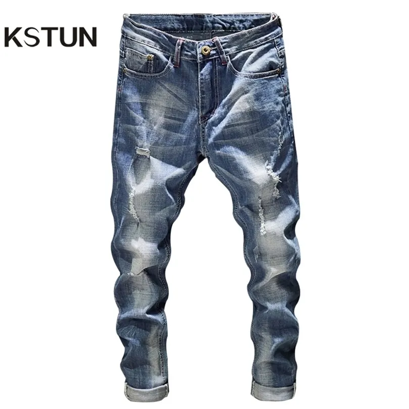 Rippade jeans män Slim fit ljusblå stretch mode streetwear frayed hip hop nöded casual denim jeans byxor manliga byxor 210318