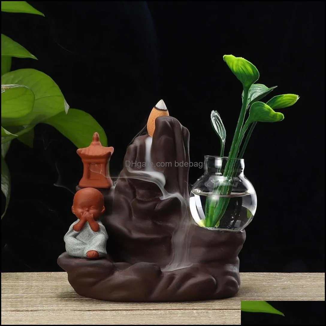 Backflow Incense Burner Holder Ceramic Little Monk Small Buddha Waterfall Sandalwood Censer Creatives Home Decor with 10 Cones