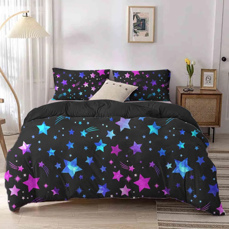 Star Single Double Twin Queen Bedding Set 2/3pcs Night Sky 90/135/150 Bed Cover Kid Duvet Dark Blue Galaxy Bedclothes